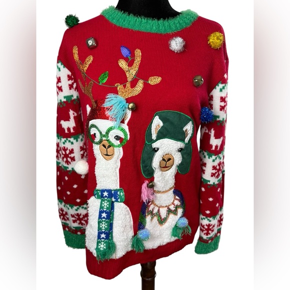 Hooked Up Ugly Christmas Sweater Red with Llama Design POM POM & jingle bells - Picture 3 of 13